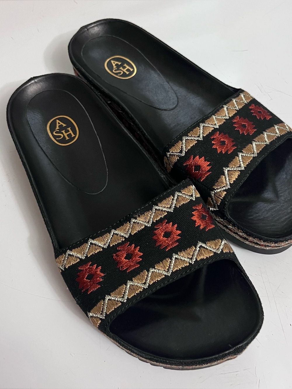 ASH Black Slide Mules with Red & Gold Embroidered Strap Sz 40/9